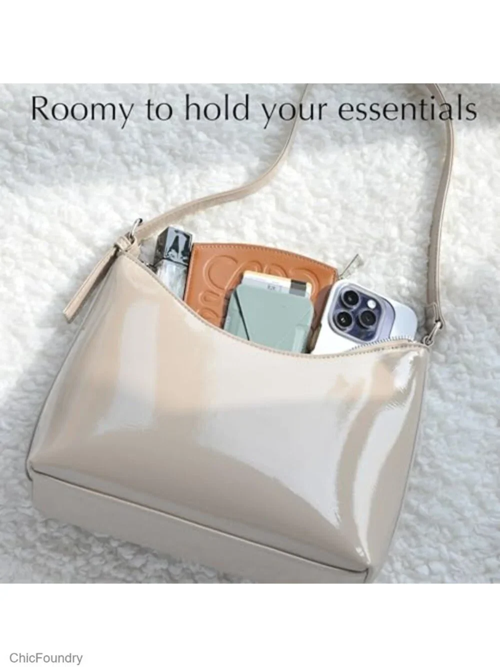 Faux Patent Leather Shoulder Bag Y2K Shiny Women Purse Silver Hardware Zipper